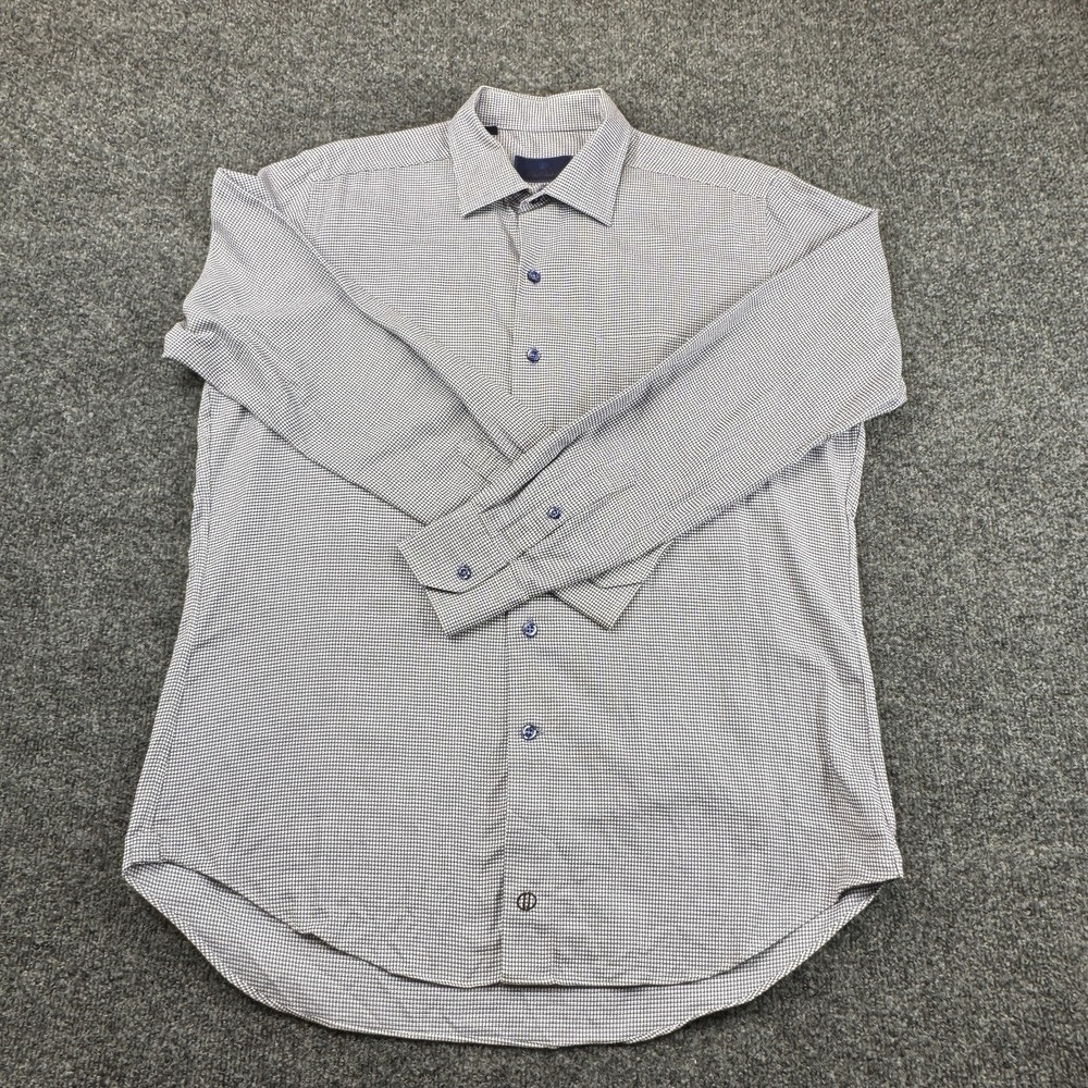 David Donahue Dress Shirt Men L Blue Brown Micro Houndstooth Cotton Professional